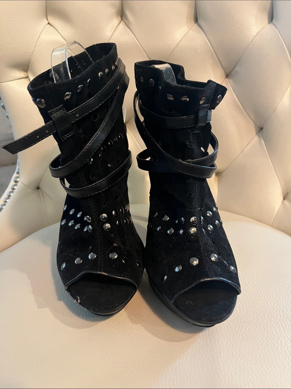 Bakers Black Studded Peep-Toe Stiletto Booties - Picture 3 of 11